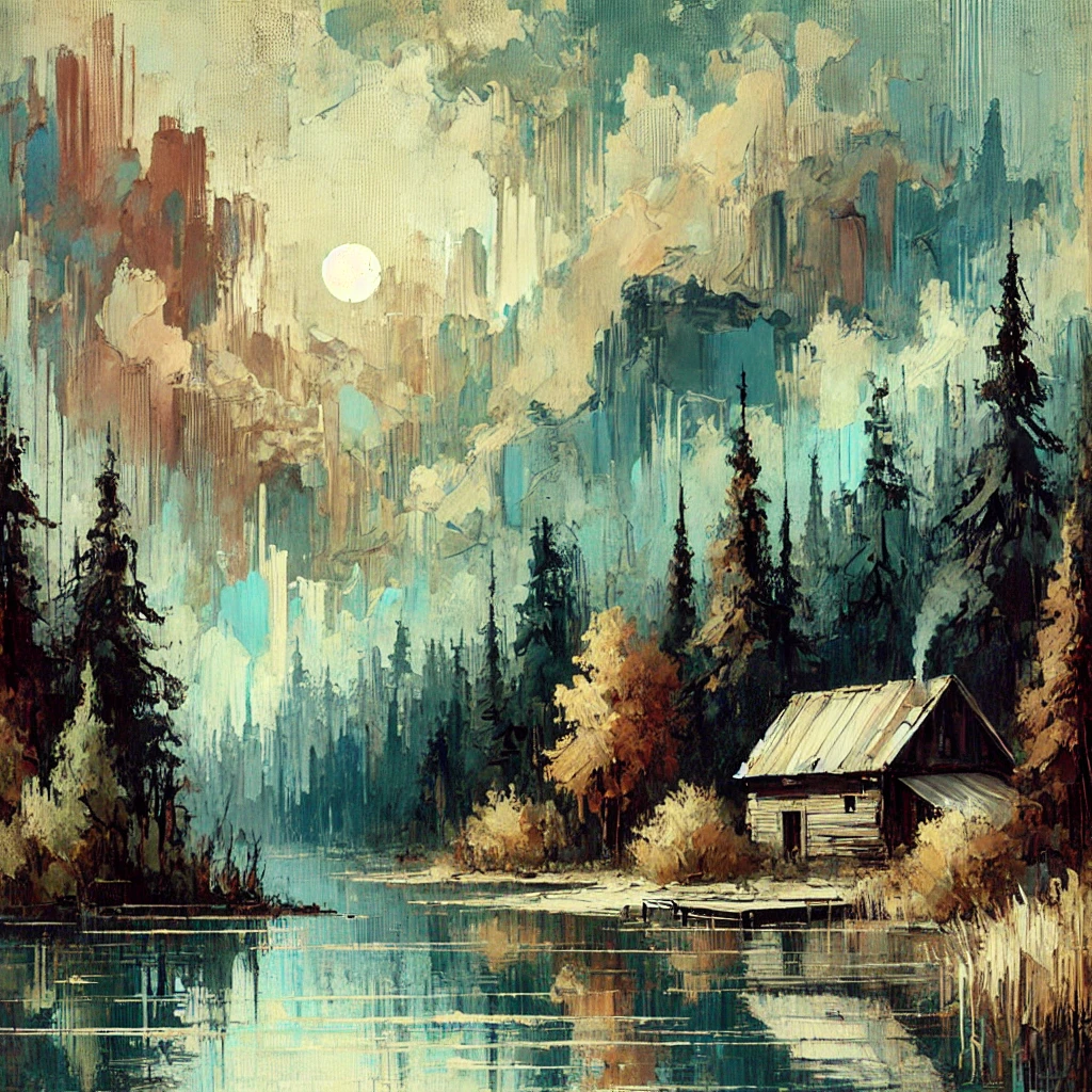 Artistic digital rendering of a cabin next to a peaceful lake in mountainous wilderness.