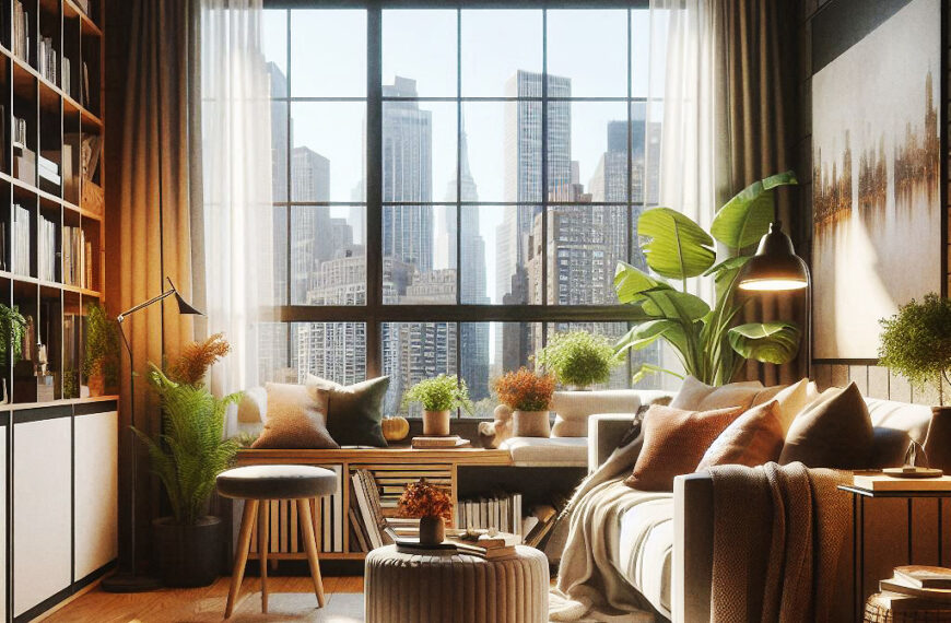 Cozy modern apartment living room with fall decor, featuring warm-toned pillows, throws, and indoor plants. A large window showcases a city skyline, blending urban and natural elements for an inviting seasonal atmosphere.