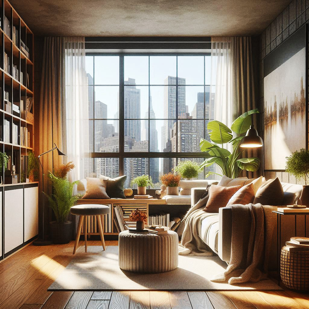 Cozy modern apartment living room with fall decor, featuring warm-toned pillows, throws, and indoor plants. A large window showcases a city skyline, blending urban and natural elements for an inviting seasonal atmosphere.