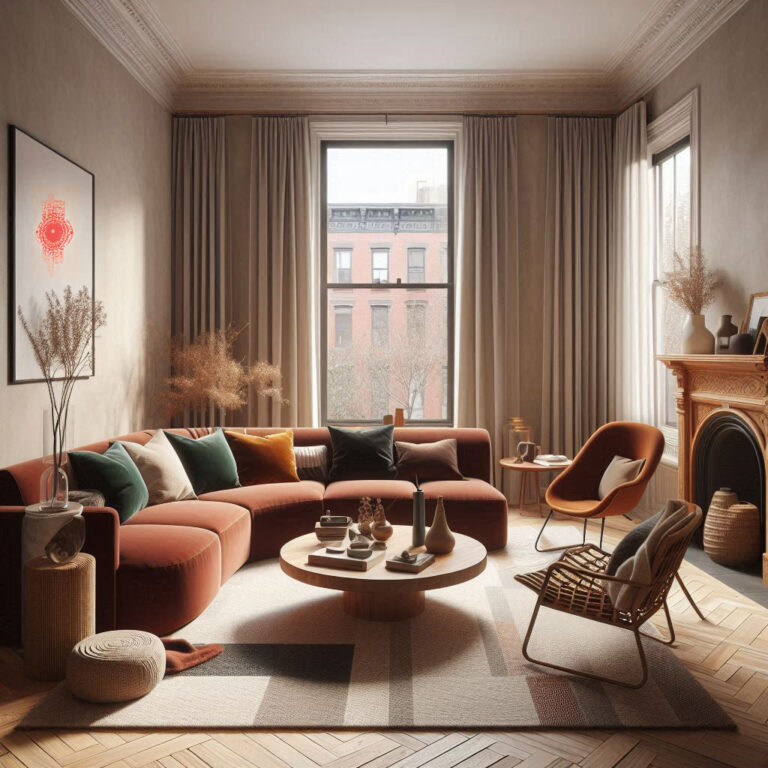 Cozy modern living room with a warm color palette, featuring a rust-colored sectional sofa with colorful cushions, a round wooden coffee table, and a fireplace. The room has a large window with curtains, showcasing a view of a historic building. Dried plants and minimalist decor accentuate the space, creating a comfortable and inviting atmosphere.