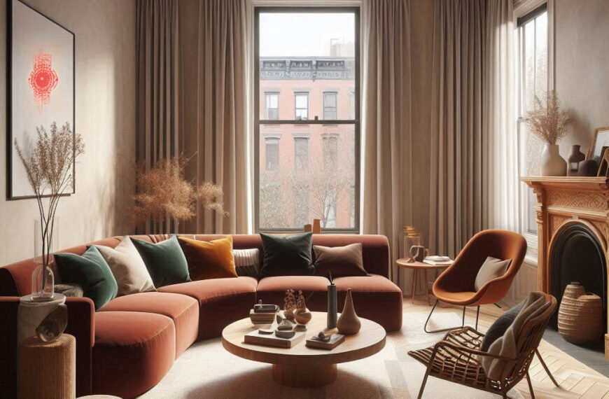 Cozy modern living room with a warm color palette, featuring a rust-colored sectional sofa with colorful cushions, a round wooden coffee table, and a fireplace. The room has a large window with curtains, showcasing a view of a historic building. Dried plants and minimalist decor accentuate the space, creating a comfortable and inviting atmosphere.