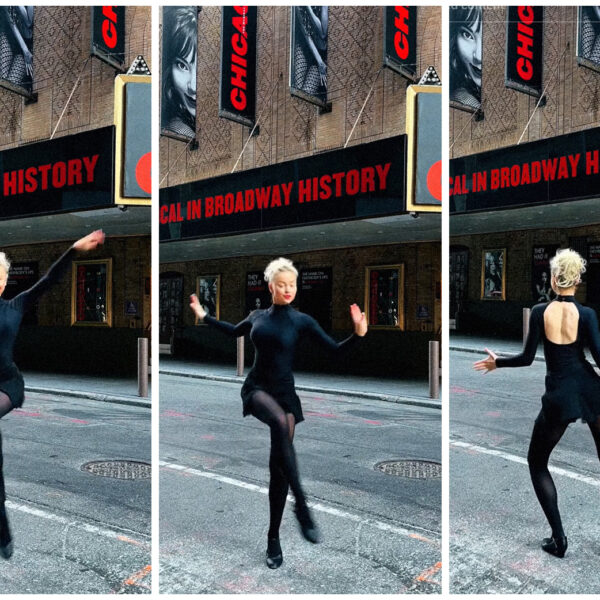 Dancer performing in front of the 'Chicago' Broadway marquee, wearing a black dress and tights, captured in mid-movement across three photos on an empty street.