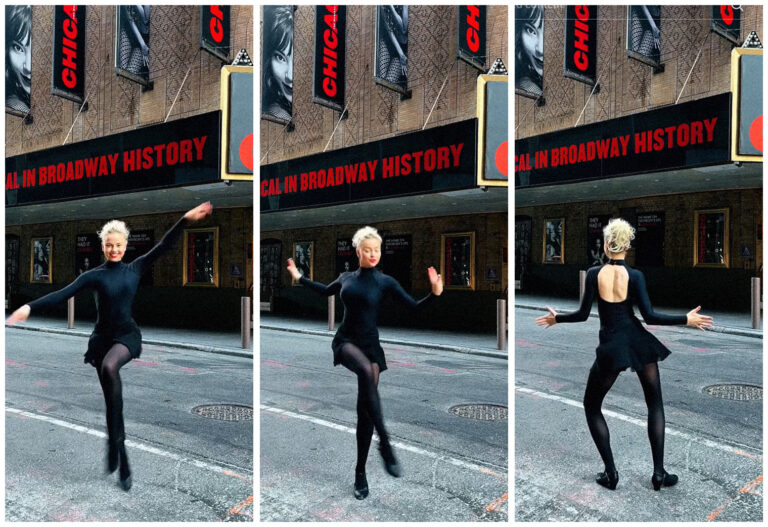 Dancer performing in front of the 'Chicago' Broadway marquee, wearing a black dress and tights, captured in mid-movement across three photos on an empty street.