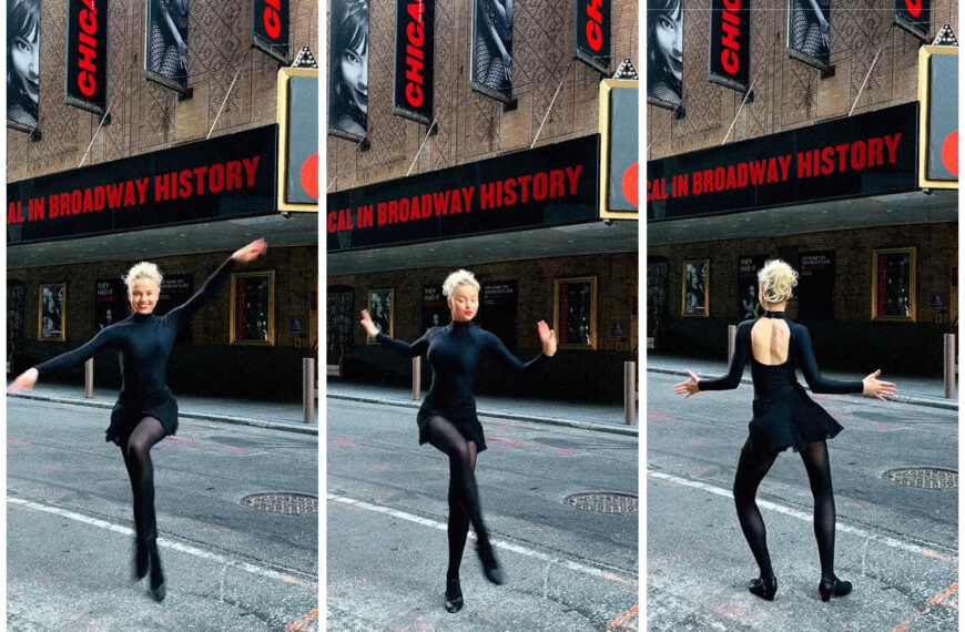 Dancer performing in front of the 'Chicago' Broadway marquee, wearing a black dress and tights, captured in mid-movement across three photos on an empty street.