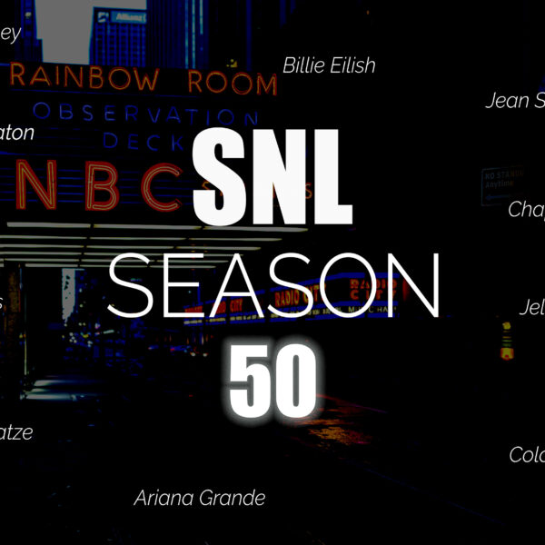 SNL season 50 promo text over a backdrop photo of the iconic NBC Rainbow Room entrance in NYC. Host and performer names are displayed around the image.