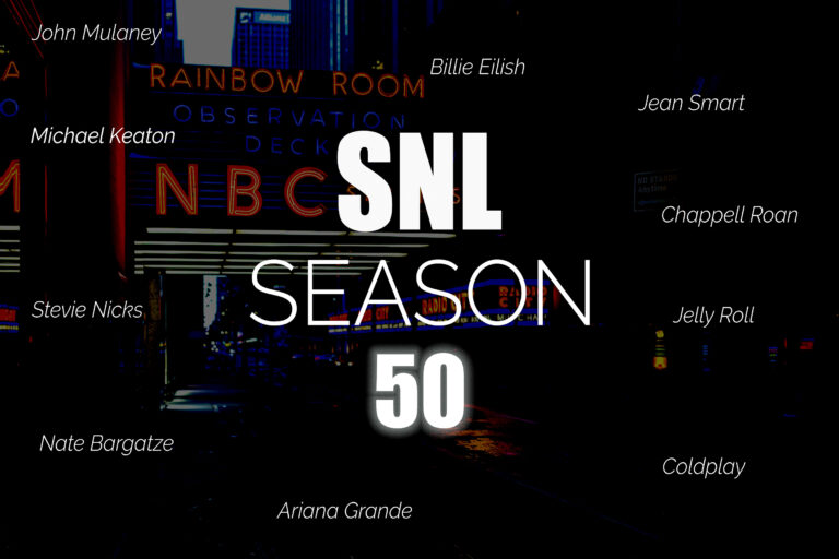 SNL season 50 promo text over a backdrop photo of the iconic NBC Rainbow Room entrance in NYC. Host and performer names are displayed around the image.