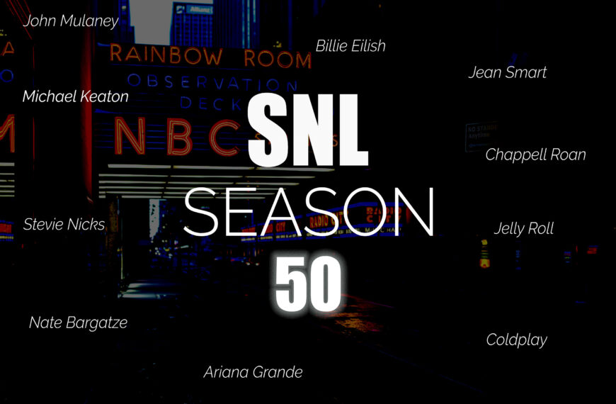 SNL season 50 promo text over a backdrop photo of the iconic NBC Rainbow Room entrance in NYC. Host and performer names are displayed around the image.