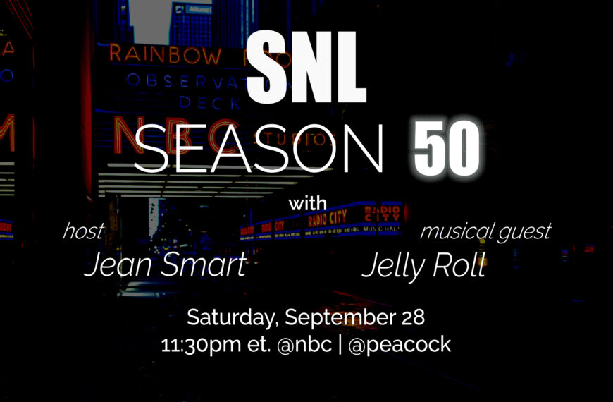 Promotional poster for SNL Season 50 premiere with host Jean Smart and musical guest Jelly Roll. Airing Saturday, September 28 at 11:30 PM ET on NBC and Peacock.